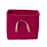 Fuchsia raffia storage basket leather handles Rice DK